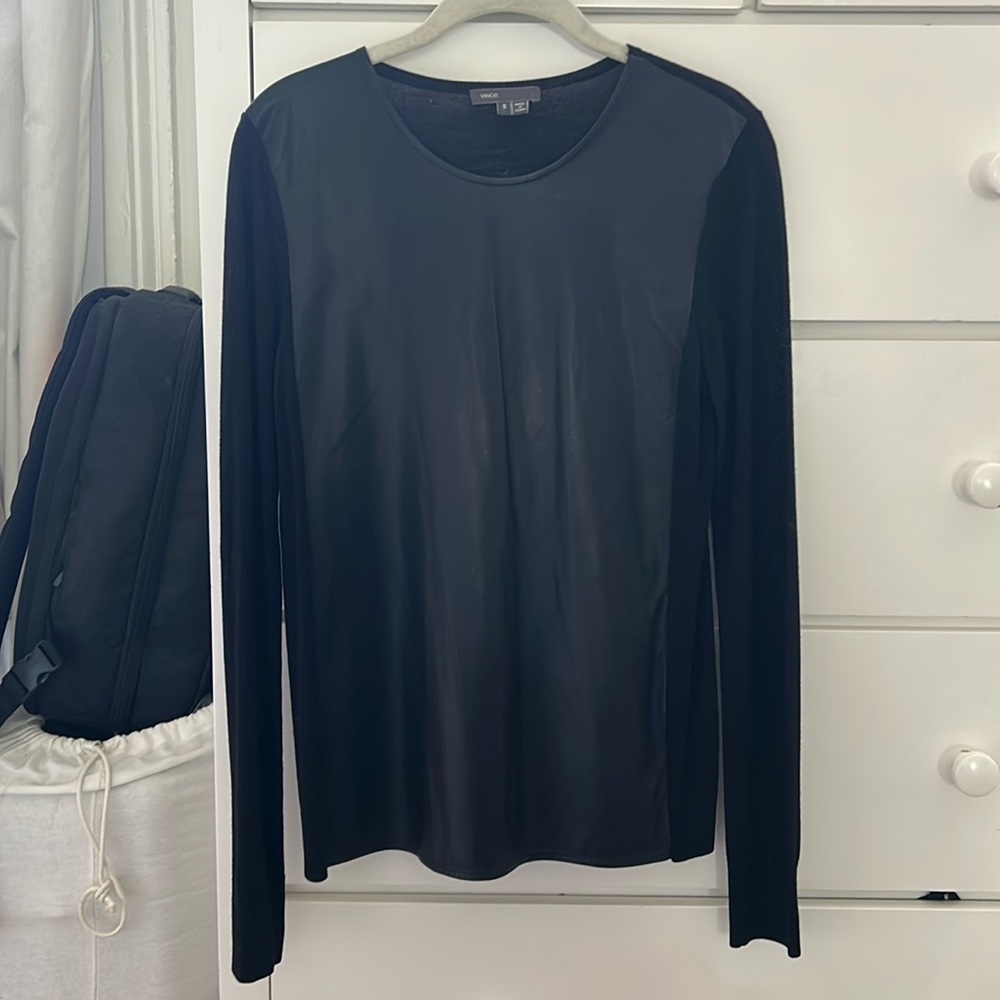 Black Vince leather panel long sleeve shirt, size small